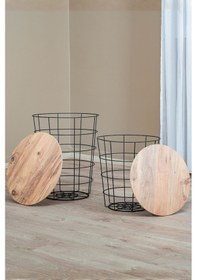 Resim Dekoratif Metal Tel Sepet Zigon Sehpa Takımı, 2'li İskandinav Tarzı Ahşap Kapaklı Orta Sehpa Siyah 