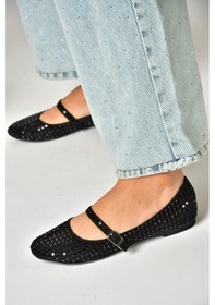 Resim Fox Shoes U726634504 Siyah Kumaş Taş Detaylı Babet Siyah-kumaş Siyah 