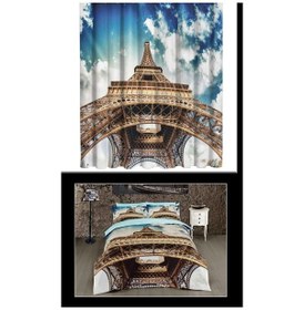 Resim Eyfel Çift Kişilik 4 Parça Nevresim Takımı Ve 2 Adet Fon Perde Açık Mavi 