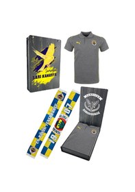 Resim Fenerbahçe Lisanslı 2024/25 A Takım Polo Yaka Gri T-shirt + Şal Kaşkol Set Ahşap Kutulu Gri - Beyaz 