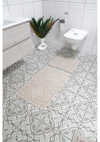 Resim Banyo Pamuk Paspas Seti, Kaymaz Taban, Şık Ve Dayanıklı 60x100 / 60x50 Ölçülerinde Kilim Bukle Set Açık Bej 