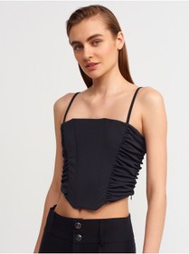 Resim Dilvin 20129 Büzgülü Detaylı Askılı Crop Top-siyah 