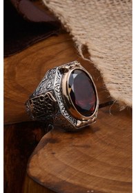 Resim Yakut Garnet Taşlı Yanı Gravür Işlemeli Erkek Gümüş Yüzük 