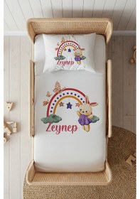 Resim %100 Pamuk Saten İsme Özel İsimli 100x200 Tek Kişilik Lastikli Çarşaf Seti Gökkuşağı Tavşan Beyaz 