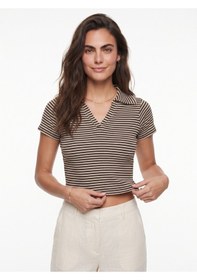 Resim Onloox Kadın Kahverengi Kahverengi Bej Pamuklu Likralı Kaşkorse Polo Yaka Crop Çizgili Kısa Kollu T-shirt 