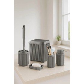 Resim Serisi Gri Banyo Seti, 5 Parça Akrilik 5 Litre Çöp Kovası, Sabunluk, Fırçalık Takımı - 3088 