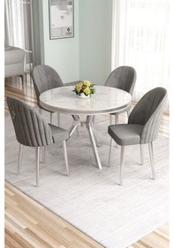 Resim Canisa Mos Serisi 90x90 Lak Panel Beyaz Mermer Desen Krom Kaplama Mutfak Masası Takımı Ve 4 Gri Sandalye Beyaz Mermer Desen Masa Gri Sandalye 