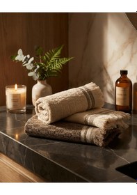 Resim %100 Pamuk 4'lü Premium Kahverengi Krem Saçaklı El Yüz Havlu Seti 30x50cm Diğer 