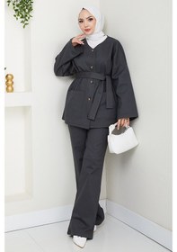 Resim Bestenur Kemerli Ceket Pantolon Gabardin Takım 1557 - Antrasit Antrasit 