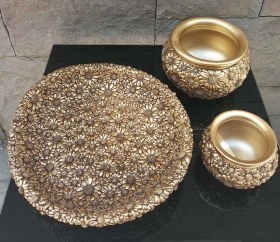 Resim Dekoratif Polyester Üçlü Tabaklı Papatyalı Vazo Seti Gold 