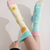 Resim 1 Çift Kadın Orta-Baldır Çorapları Güneş & Gökkuşağı Tasarımlı - Yumuşak, Açık Mavi Pembe & Sarı Vurgularla, Günlük Kullanım İçin Mükemmel, Sevimli Çoraplar 