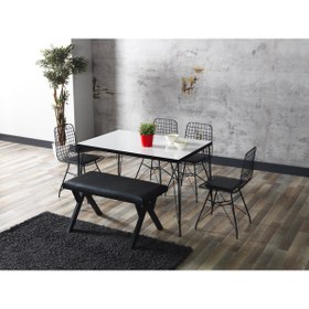 Resim Avvio 80x120 Home Bade Beyaz Görünümlü Metal Ayaklı Mutfak Masası Ve Bench Takımı 