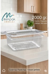 Resim Merpak Ambalaj Plastik Saklama Kabı 2000 gr 100'lü Kapaklı Sızdırmaz Kap Şeffaf Kullan At Kase 