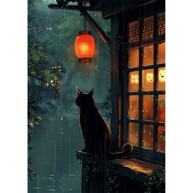 Resim 1 adet 5D DIY Elmas Boyama Seti, Yağmurlu Gece ve Kara Kedi Teması, Yuvarlak Akrilik Elmaslar, Tam Matkap Nakış Sanatı El Sanatları, Çerçevesiz Ev ve Oda Duvar Dekoru, 30x40cm 