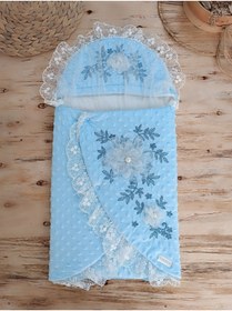 Resim Tomuycuk Dantelli & Duvaklı Mavi %100 Pamuk Yenidoğan Unisex Bebek Kundağı - Battaniyesi Mevlütlük 