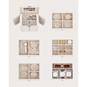 Resim Mcreative Mücevher Kutusu, 6 Seviyeli Büyük Mücevher Kutusu, Menteşeli Yan Kapılı Mücevher Kutusu, Çekmeceler, Ayna ve Kilit, Yüzükler, Küpeler İçin, Beyaz JBC152W01 