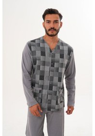 Resim Çift Kaplan Erkek Çilli Desen Önden Düğmeli Gri Pijama Takımı 8032 Gri 