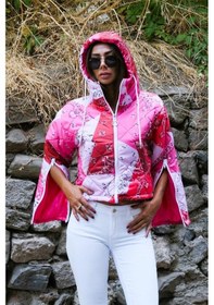 Resim Keyifli Moda Kadın Pembe Desenli Kapüşonlu Kolları Fermuarlı Kısa Şişme Mont - S-m Pembe 