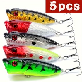 Resim 5 Adet Topwater Popper Balıkçılık Yemleri - Karışık Renkler, Dayanıklı ABS Gövde, Uzun Menzilli 3D Gözler & Keskin Kanca ile Tatlısu Levreği için 