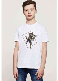 Resim Rakun Rocket Baskılı Unisex Çocuk Beyaz T-Shirt (534781785) 
