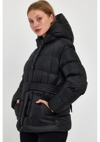 Resim Alisse-kadın Siyah Kapüşonlu Kemerli Şişme Mont Kaban Siyah 