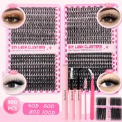 Resim 800 adet Kirpik Küme Kiti, 2In 1 Yapıştırıcı, Cımbız, Kirpik Fırçası, 30D 40D 50D 60D 80D 100D 9-16Mm Karışım, Başlangıçlar İçin Uygun, Evde Yeniden Kullanılabilir, Paskalya, Noel ve Gökkuşağı Festivali İçin 