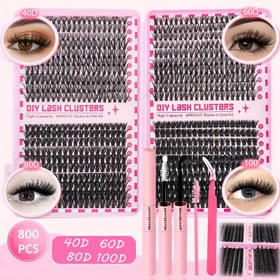 Resim 800 adet Kirpik Küme Kiti, 2In 1 Yapıştırıcı, Cımbız, Kirpik Fırçası, 30D 40D 50D 60D 80D 100D 9-16Mm Karışım, Başlangıçlar İçin Uygun, Evde Yeniden Kullanılabilir, Paskalya, Noel ve Gökkuşağı Festivali İçin 