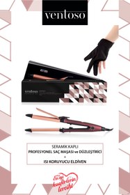 Resim Ventoso Premium Seramik Kaplı Profesyonel Saç Düzleştirici Ve Maşa Ile Isıya Dayanıklı Maşa Eldiveni 