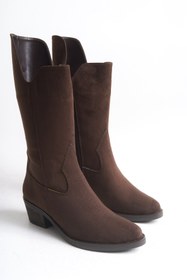 Resim Ayakkabı Delisiyim Kahverengi Süet Kadın Çizme Western Kovboy Diz Altı Kaymaz Taban Kalın Topuklu Annabel 