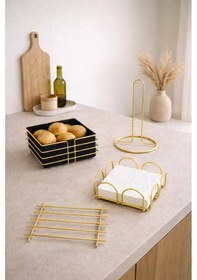 Resim Karteya Gold Servis Sunum Seti Ekmeklik Ekmek Sepeti Mutfak Havluluk Peçetelik Nihale 4 Parça Altın 