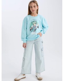 Resim DeFacto Kız Çocuk Hatsune Miku Oversize Geniş Kalıp Bisiklet Yaka Sweatshirt D2826A824WNTR506 Turkuaz 