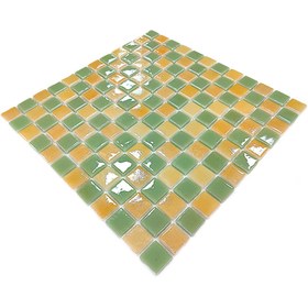 Resim MozaiKristaL Tüm yüzeyler için 25x25mm. M.Yeşili-P.Sarı Damalı 31,5x31,5cm Fileli Cam Mozaik (10 File Karo=1m2 ) 