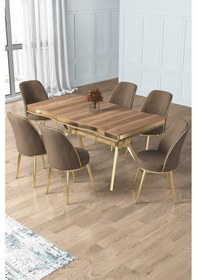 Resim Canisa Prah Serisi 90x160 Lak Panel Hazar Gold Ayak Masa Takımı 6 Cappucino Sandalye Hazar Masa Cappucino Sandalye Ayaklar Gold 