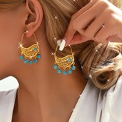 Resim 18K Altın Kaplama Vintage Boho Turkuaz Sarkıt Küpeler - Günlük ve Tatil Giyimleri için Turkuaz Boncuklu Alaşım Balık Şeklinde Oyulmuş Damla Küpeler, Sezon-Evrensel 
