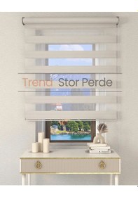 Resim Geniş Plise Beyaz Etek Dilimsiz Zebra Stor Güneşlik Perde Ekru 