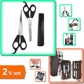 Resim HerEveOyuncak Çelik Berber Traş Seti - Saç Makası - Ara Makas - Tarak + 6 Parça Manikür Seti - 2li Set Z5Q7V0 