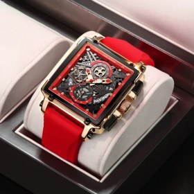 Resim Hanyang Kırmızı Lıge Yeni Kırmızı Silikon Erkek Saatler Top Marka Lüks Izle Erkekler Spor Kronograf Saat Moda Otomatik Tarih Kol Saati Adam + Kutu (Yurt Dışından) 
