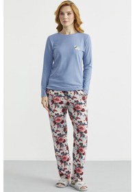 Resim Sementa Yumoş Dokulu Desen Kombinli Pijama Takım - Indigo İndigo 