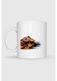 Resim Kahverengi Seramik Çaydanlık Ve Tepside Bardak Tasarımlı Kupa Bardak Beyaz 