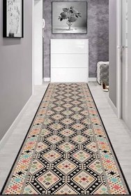 Resim Kaymaz Tabanlı Makinede Yıkanabilir Antik Kilim Desen Kesme Rulo Yolluk Ar557, Siyah, 80 X 430 