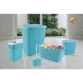 Resim MidasTech 5 Parça Örgü Desenli Plastik Banyo Seti Çamaşır Sepeti Deterjanlık Çöp Kovası Klozet Fır 