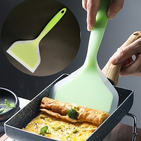 Resim 1 adet Tamagoyaki Silikon Spatula, yapışmaz tavaya, demir tabağa, Barbekü Steak, geniş ağızlı pizza kızartma ve ızgara yapma spatulası, el yakalama pancake aracı, Floresan Yeşil Kurban Bayramı Mübarek 