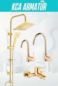 Resim Genel Markalar Gold Altın Kare Robot Duş Seti, Banyo, Mutfak Eviye Ve Lavabo Bataryası Musluğu 4'lü Set 