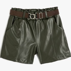 Resim Koton Deri Görünümlü Şort Cep Ve Düğme Detaylı Kemerli Haki 5wkg40196ak Haki 