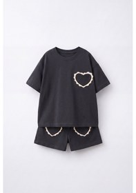 Resim Magu Kız Çocuk Pamuklu Siyah Kalp Cepli T-shirt Şort Takım 