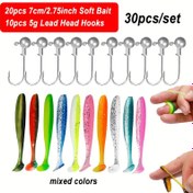 Resim 30 Adet T Kuyruk Yumuşak Yem Kurşun Başlı Kanca Seti - 20 Adet/7cm T Kuyruk Yumuşak Yem + 5g/10 Adet Kurşun Başlı Kanca, Levrek Tilapia Alabalık Avı İçin Yumuşak Solucan Yemi 