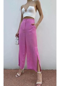 Resim Hazel Kadın Pembe Keten Yırtmaçlı Yüksek Bel Palazzo Pantolon-pembe Pembe 