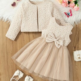 Resim Küçük Kızlar İçin Noel Temalı İki Parçalı Jakarlı Elbise ve Fiyonk Tül Detaylı, Sonbahar/Kış Uzun Kollu Ceket, Günlük, Tatil ve Özel Günler İçin, Kızlar İçin Hediye, Düğün Kıyafeti, Dış Mekan İçin Mükemmel 