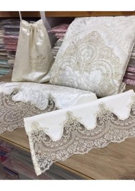 Resim Kadife Fransız Dantelli Krem Seccade Seti 