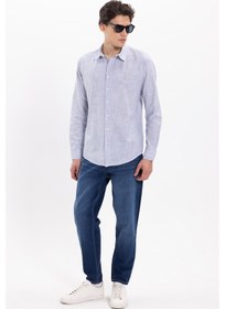 Resim Tudors Erkek Slim Fit Dar Kesim %100 Pamuk Çizgili Uzun Kollu Keten Efektli Lacivert Gömlek-46296 